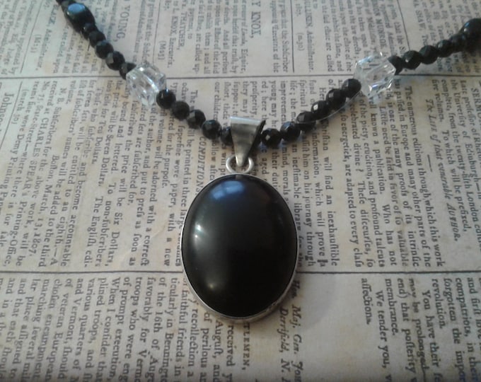 Sterling Silver, Crystal, and Resin or Jet Black and Clear Statement Pendant Necklace, Marked 925
