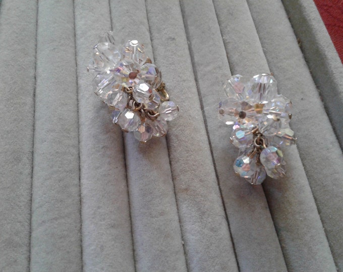 Faceted Aurora Borealis Crystal and Goldtone Cluster Dangle Bunch of Grapes Clip On Earrings