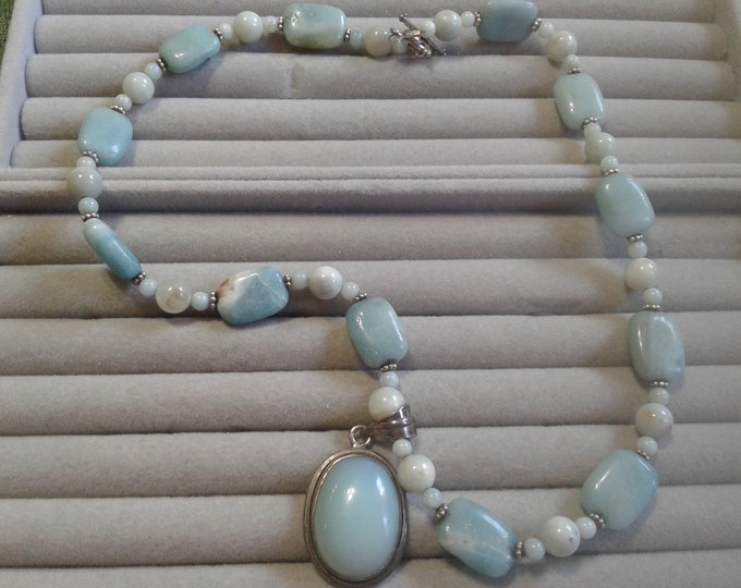 Vintage Handmade Blue Green Jasper Beaded Necklace with Large Oval Pendant