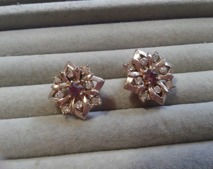 Lustern Goldtone with Clear and Amethyst Rhinestone Floral Cross Clip Earrings, Signed