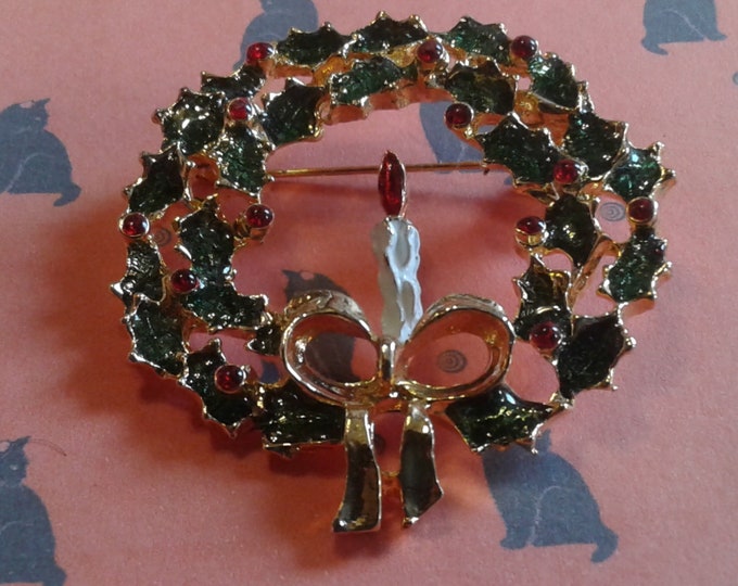 Holly Wreath with Bow and Candle, Goldtone and Enamel Brooch
