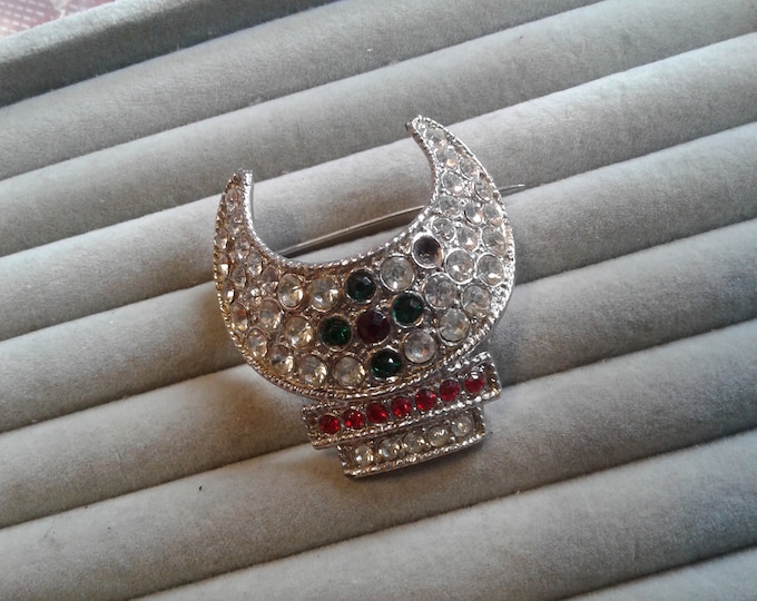 Vintage Shriners Rhinestone and Pot Metal Crescent Brooch, Missing Stone