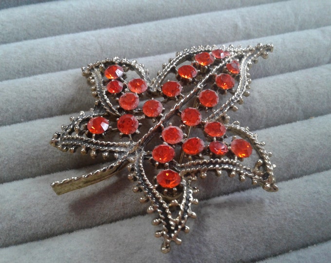 Gold tone and Scarlet Rhinestone Stylized Maple Leaf Brooch