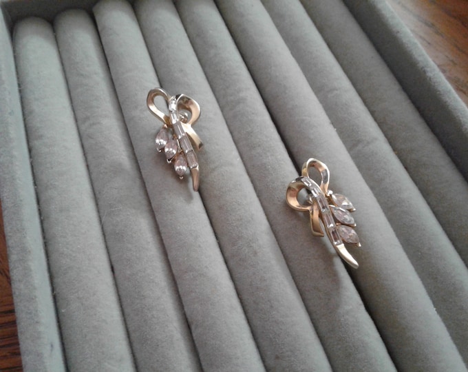 CoroCraft Goldtone and Rhinestone Bow and Spray Earrings, Signed