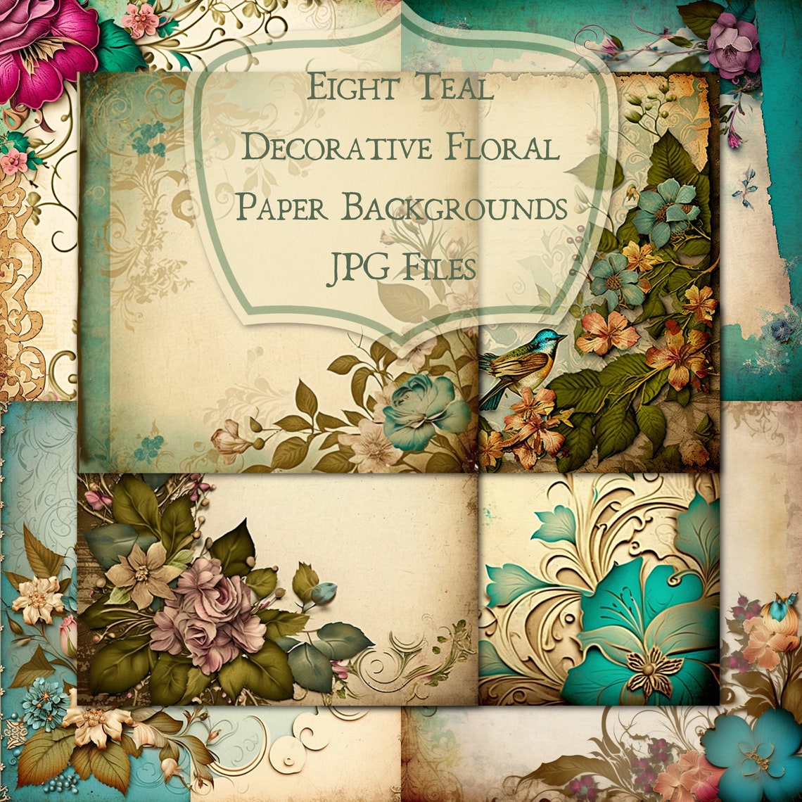 Vintage Floral Background Digital Papers in Teal Shades, 12 X 12 ...