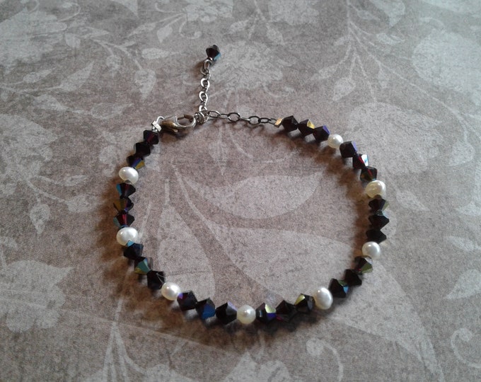 Sterling Silver, Freshwater Pearl, and Garnet Color AB Crystal Adjustable Aritsan Bracelet, Small Size