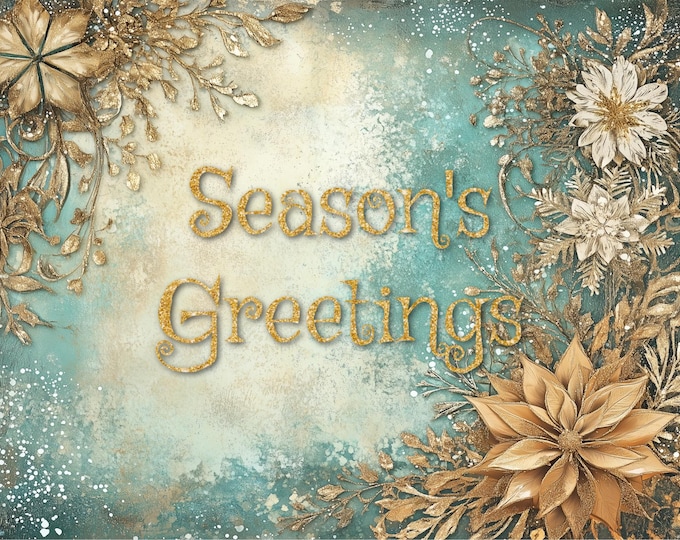 Golden Poinsettia Greeting Card Design Instant Download, Happy Holidays, Season's Greetings, and Plain