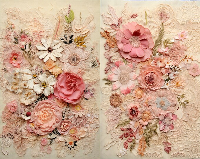 Vintage Flowers and Lace Background/Junk Journal Pages to Print at Home, 10 Designs. 5 Sheets