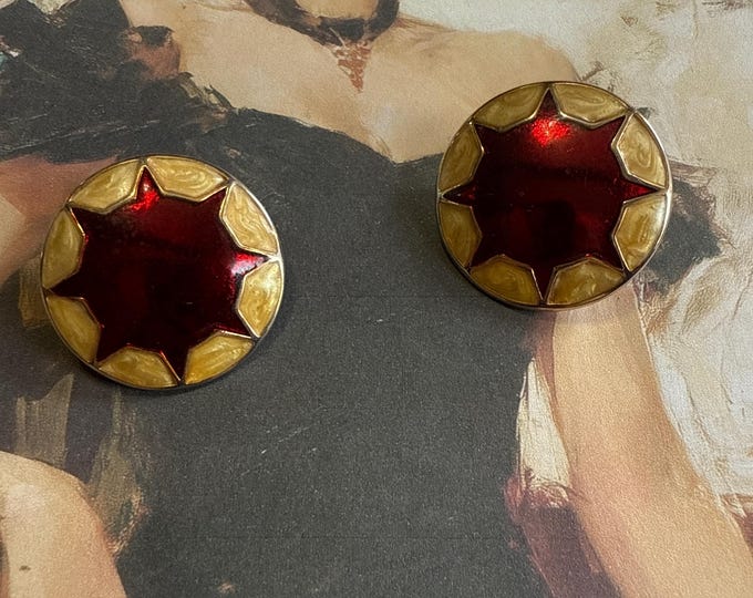 Deep Red and Marbleized Champagne Enamel Sunburst Design Post Back Button Earrings