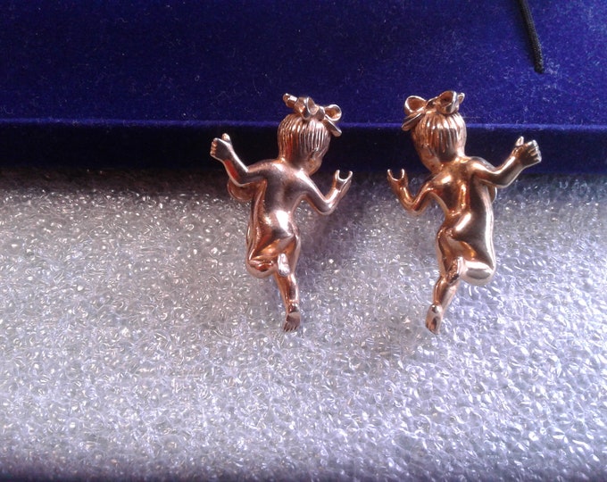 Lisner Figural Naked Baby with Bow Screwback Earrings, Signed