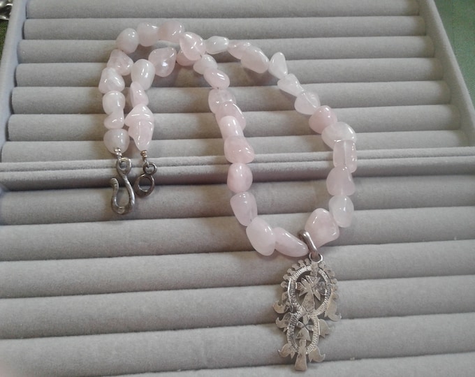 Vintage Handmade Rose Quartz and Likely Tibetan Silver Necklace