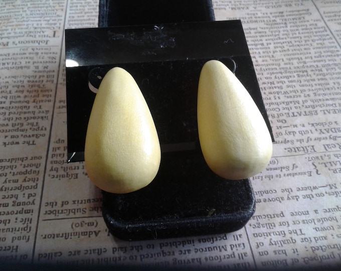 Large Yellow Wooden Teardrop Clip On Earrings