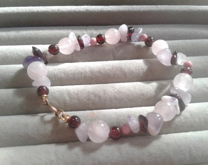 Small Gold-filled Metal, Rose Quartz, Amethyst, Garnet, and Other Semi Precious Stone Vintage Handmade Beaded Bracelet