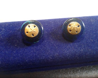 Small Blue Glass and Goldtone Sand Dollar Clip On Buttone Earrings