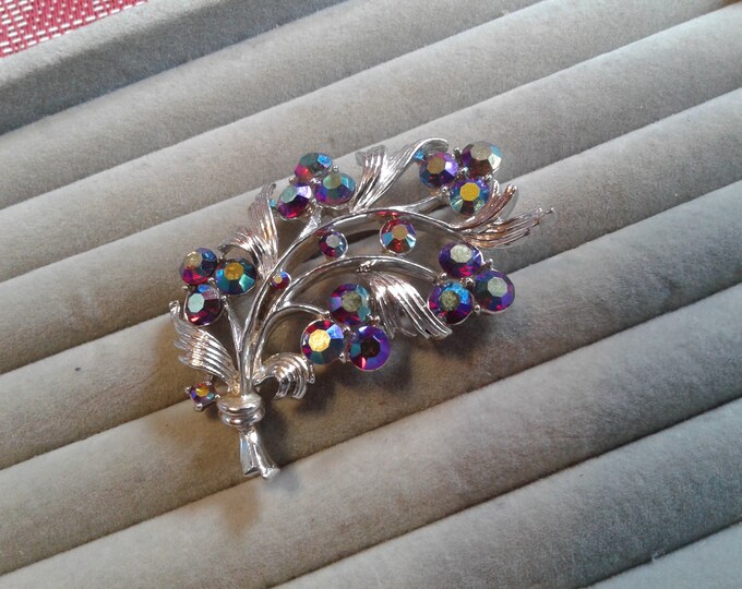 Lisner Silvertone and AB Red Rhinestone Spray Brooch, Signed