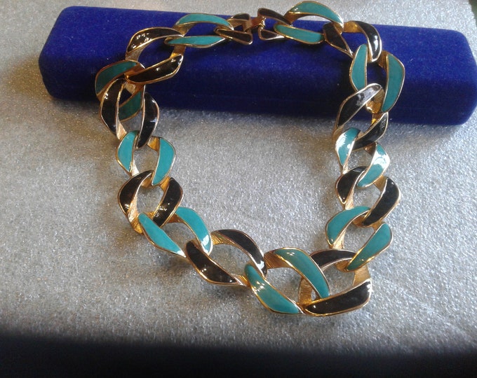 Black and Teal Enamel Goldtone Flat Link Necklace
