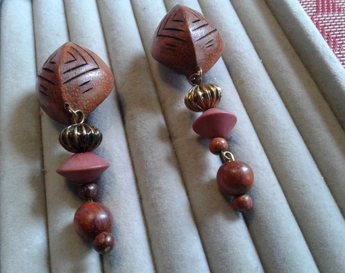 Bold GWood and Metal "Tribal" Linear Dangle Clip On Earrings