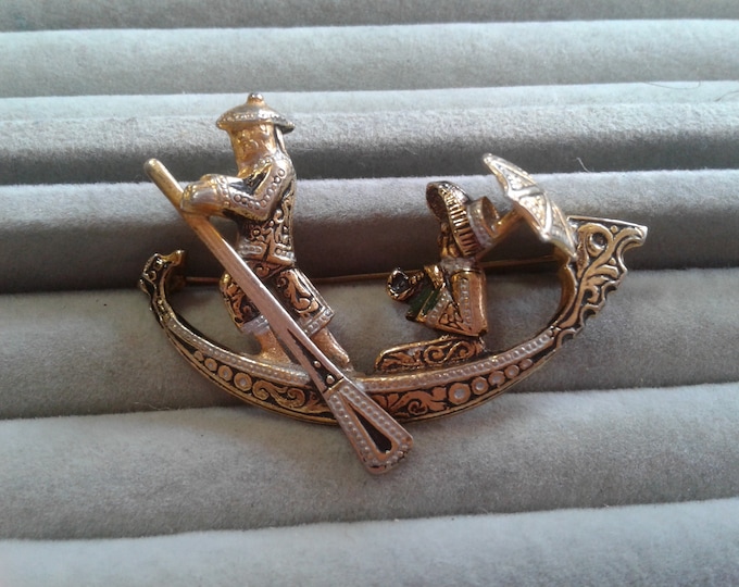 Dimensional Damascene Style Brooch of a Lady with Parasol and a Gondolier in a Gondola, Marked Spain