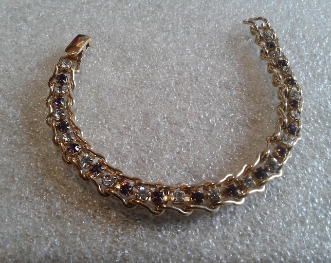 Goldtone Link Bracelet with Clear and Amethyst/Clear and Ruby Red/Clear and Black Rhinestones, Your Choice