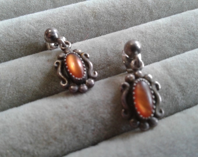 Wheeler Sterling Silver and Frosted Carnival Glass Small Drop Earrings, Marked and Signed