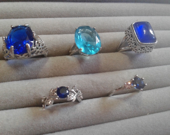 Selection of Silvertone Quality Plated Rings with Blue Crystal, Glass, and Cubic Zirconia, Your Choice