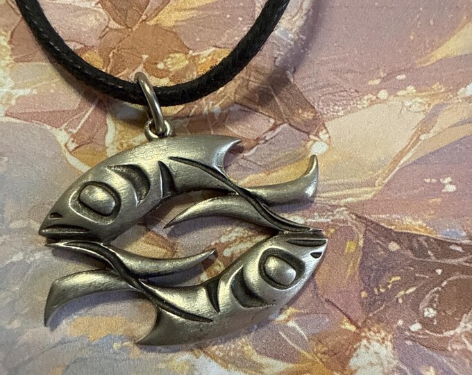 Frederick Pewter Canada Double Salmon on Adjustable Cord, Signed