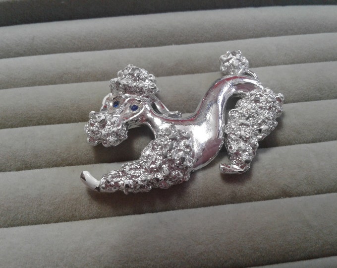 Gerry's Silvertone Poodle Pin with Blue Rhinestone Eyes, Signed