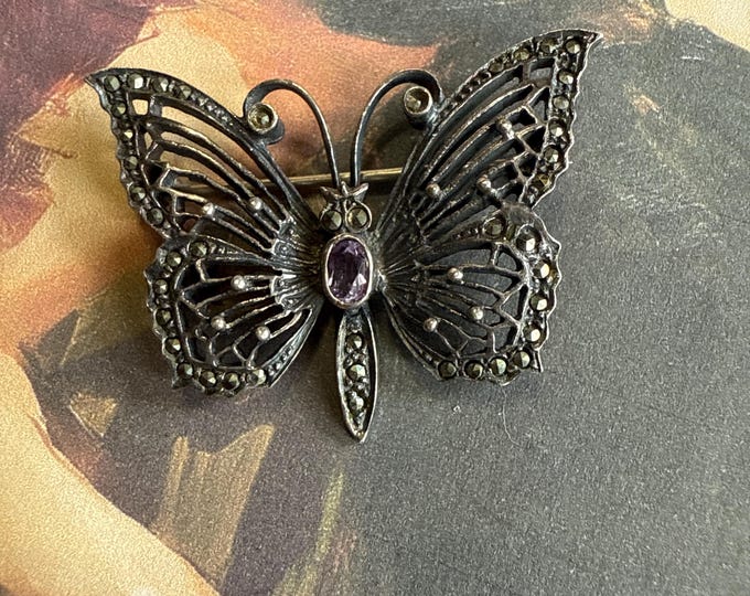Sterling Silver, Marcasite, and Amethyst Butterfly Brooch, 925