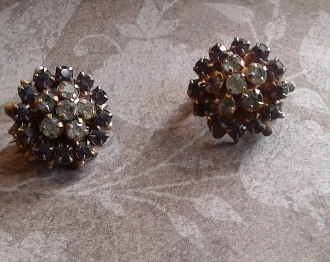 Pair of Late Art Deco Clear and Amethys Paste Stones and Bronzetone Floral Cluster Pins