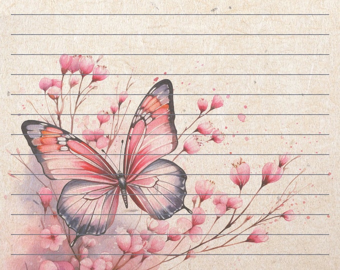 Butterfly Blossom Lined and Unlined Writing Papers, Instant Download, Digital Paper
