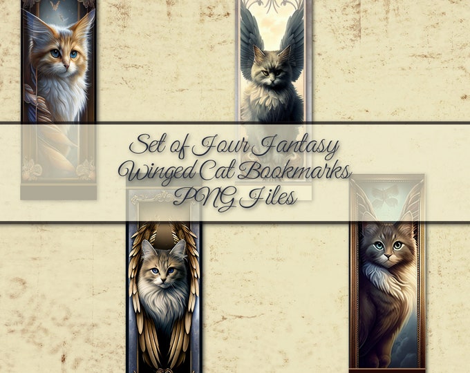 Set of Four Fantasy Winged Cats Bookmarks--Instant Download--Craftable