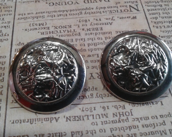 Large Textured Silvertone Metal Button Clip On Earrings