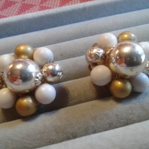 Beaded Floral Cluster Clip On Earrings, White and Neutrals, Your Choice of Two Styles