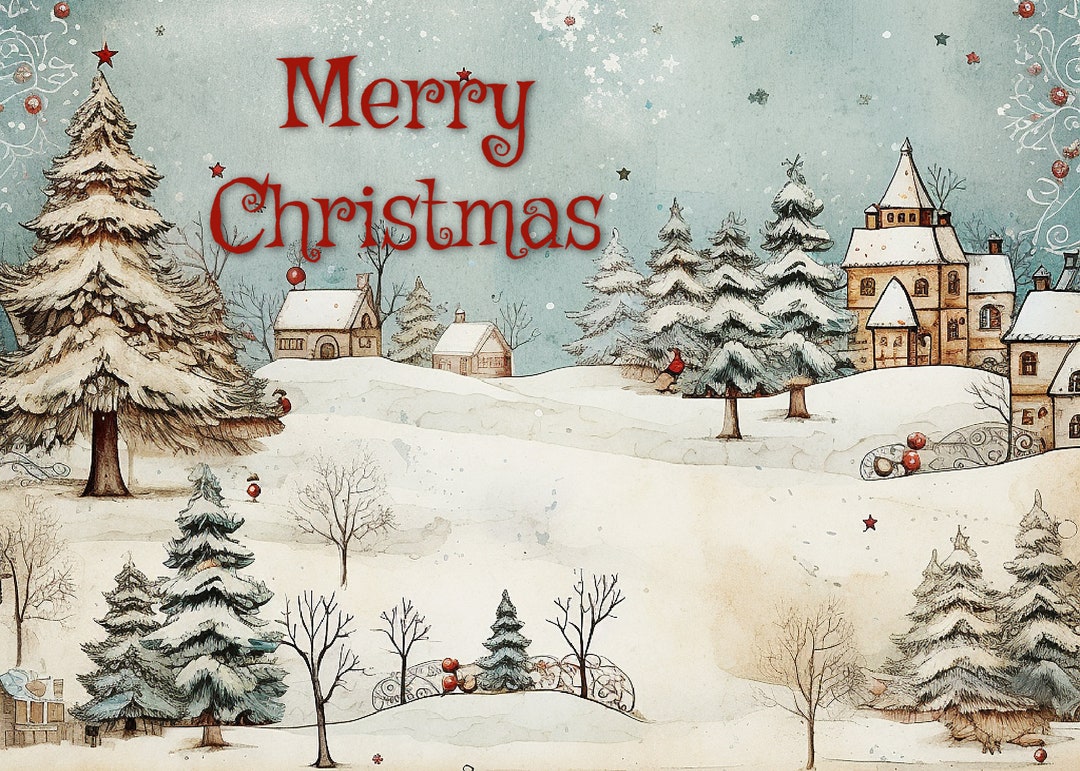 Snow Village Greeting Card Design Instant Download, Merry Christmas ...