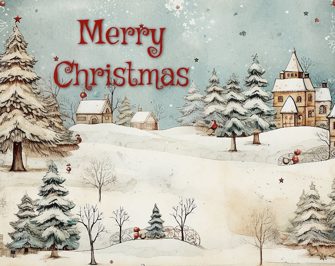 Snow Village Greeting Card Design Instant Download, Merry Christmas, Season's Greetings, and Plain