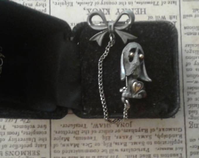 Modernist Pewter and Goldtone Sad Puppy with Heart and Bow Chained Dual Brooch