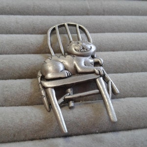JJ Pewter Cat Brooch: Sassy Feline on Chair, Signed
