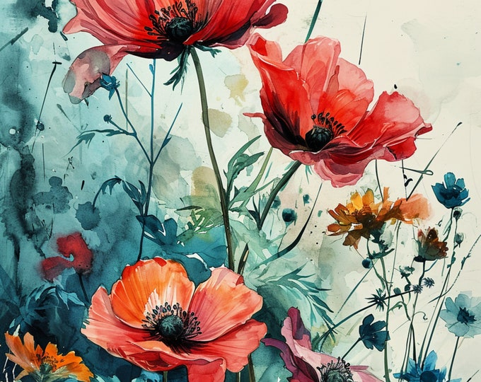Five Beautiful Wild Poppy Watercolor Background Papers/Prints to Download and Print at Home, 8.5 x 11