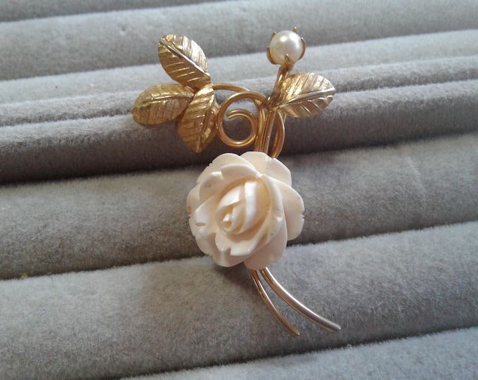 Goldtone Spray Brooch with Carved Bone Roses, Two Styles, One with Cultured Pearl