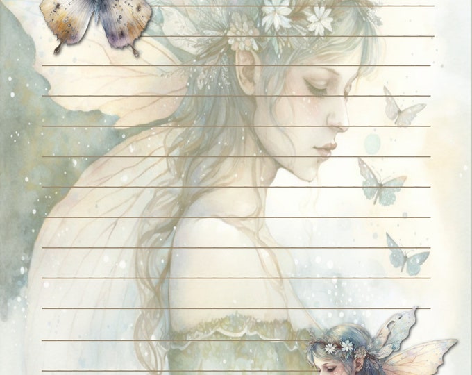 Green Butterfly Fairy Lined and Unlined Writing Papers, Instant Download, Digital Paper