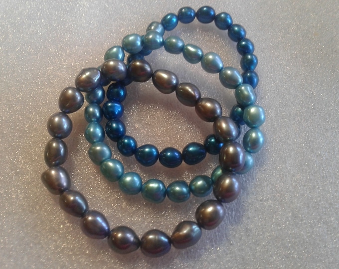 Set of Three Dyed Freshwater Pearl Stretch Bracelets, Gray and Blue