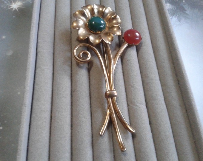 Oversized Vintage Floral Brooch with Red and Green Stones