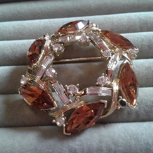 Kramer Wreath Brooch with Brown Marquise Stones, Signed