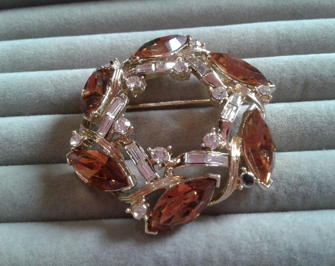 Kramer Wreath Brooch with Brown Marquise Stones, Signed