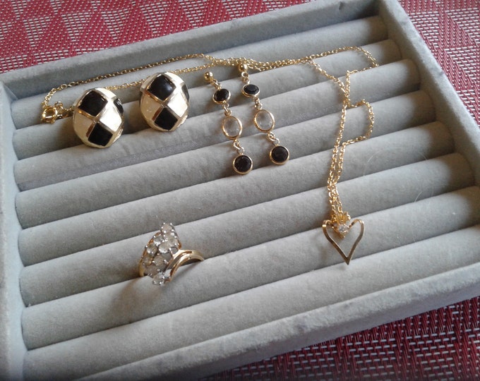 Vintage Goldtone Value Bundle, Two Pairs of Earrings, Cocktail Ring Size 8, and Pendant Necklace