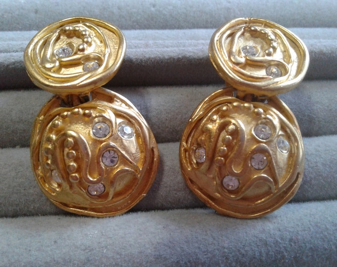 Norma Jean Goldtone Abstract Post Modern Rhinestone Dangle Earrings, Signed, Clip On