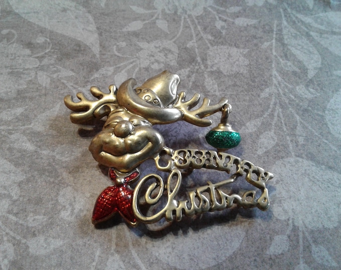 Danecraft "Country Christmas" Reindeer with a Red Enamel Western Scarf, Cowboy Hat, and Green Enamel Ornament on Antlers, Signed