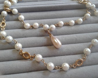 D'Orlan Long Double Strand Layered Look Faux Pearl and Goldtone Necklace, Signed