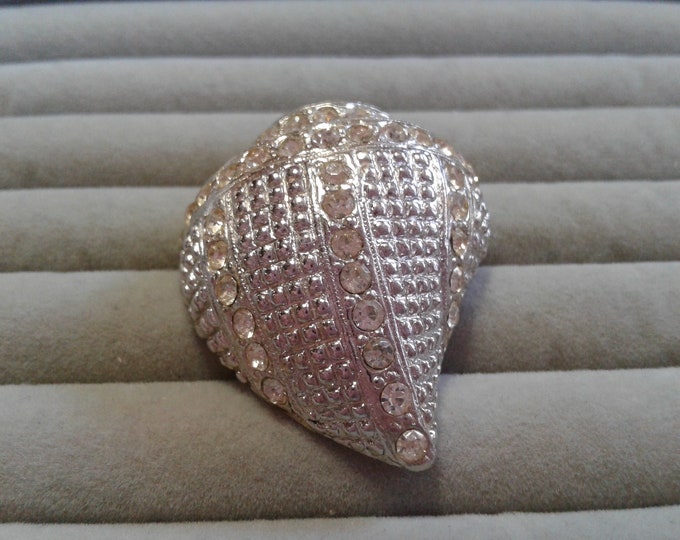 Silvertone and Rhinestone Conch Spiral Shell Brooch