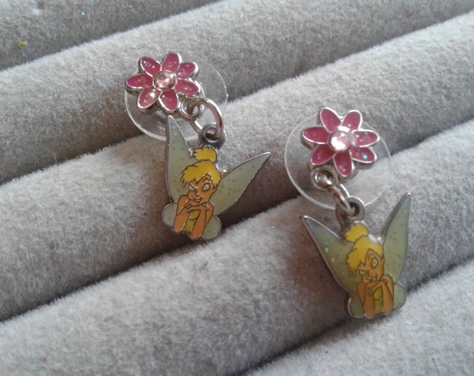 Disney Flower and Tinkerbell Glitter Cloisonne Dangle Earrings, Signed, Y2K